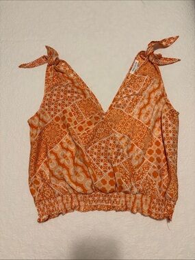 Rose & Olive Orange Patchwork Tie-Shoulder Crop Camisole